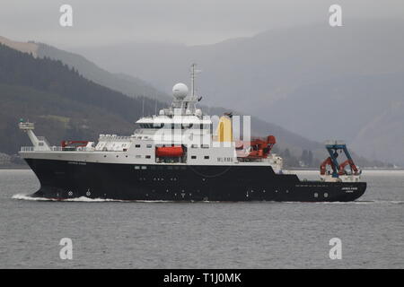 RRS James Cook, a research vessel operated by the Natural Environment Research Council, on an outbound journey after a visit to the Firth of Clyde. Stock Photo