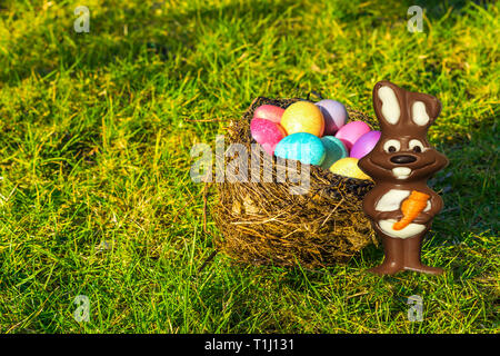 Birds nest filled with colorful painted eggs and a chocolate easter bunny standing in the grass, Easter background Stock Photo