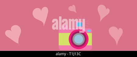 Horizontal cover design with a camera and hearts. Flat style. With space for text Stock Vector