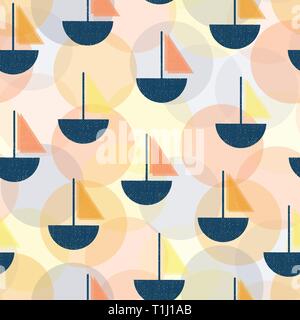 Modern Art Deco sailboats seamless vector pattern. Vintage Screen print style boats blue, orange, coral yellow. Layered circles in background Stock Vector