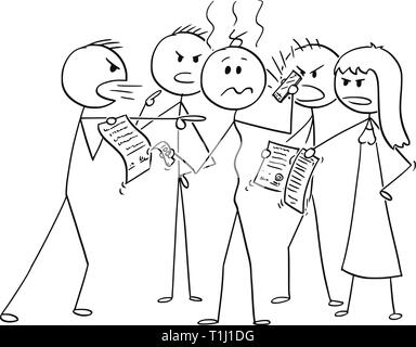 Cartoon stick figure drawing conceptual illustration of depressed man in debts surrounded by group of debtors asking for money return. Concept of financial responsibility. Stock Vector