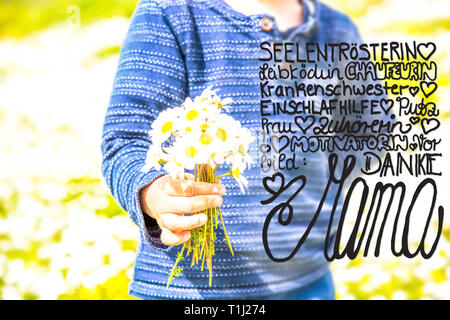 Child, Bouquet Of Daisy Flower, Calligraphy Danke Mama Means Thank You Mom Stock Photo