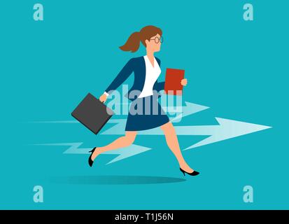 Woman goal. Business young female running to successful career and new goals, winning jumping difficulties vector illustration Stock Vector