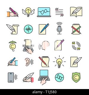 Colorful storytelling line icons. Colour articles, copywriting and author story telling thin linear icon vector set Stock Vector