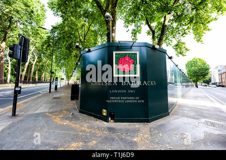 London, UK - June 24, 2018: Neighborhood district of Chelsea street architecture road residential area with barracks sign Stock Photo