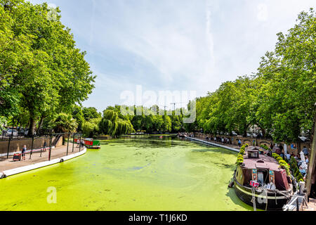 London, UK - June 24, 2018: Neighborhood district of Little Venice Italy canal boats during sunny summer day and barge Stock Photo