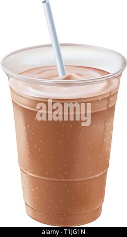 Frosty Drink. A chocolate milkshake in a clear plastic cup, tilted right,  with a white straw for sipping. Stock Vector