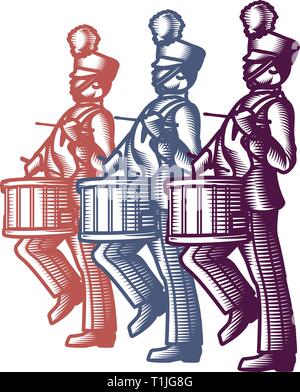 Marching soldier drummers marching in unison  wearing band uniforms in a holiday card design with 'Happy Holidays'  in print. Stock Vector