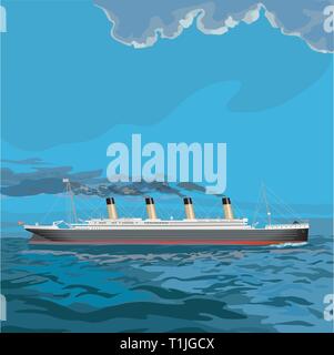 Titanic, vintage steam ship illustration with black smoke pouring out it's stacks as it chugs across the sea. Stock Vector