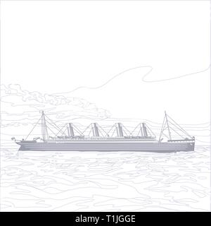 Titanic, vintage steam ship illustration with black smoke pouring out it's stacks as it chugs across the sea. Stock Vector