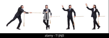 Young businessman pulling rope isolated on white Stock Photo