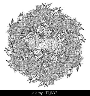 Adult coloring page with flowers pattern. Black and white doodle wreath. Floral mandala. Bouquet line art illustration isolated on white background. Stock Vector