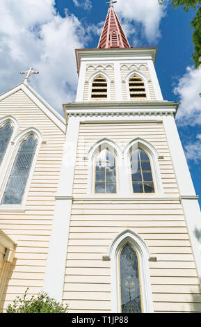 Architectural detail on striking pink church bell tower in Blenhiem New Zealand