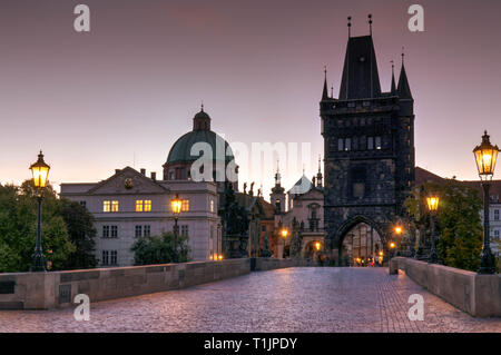 Panoramic morning view along Charles Bridge towards Old Town - Prague, Czech