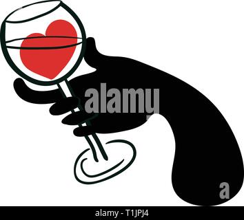 Graphic dark glove hand holding wine glass with heart inside Stock Vector