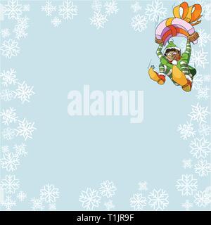 Christmas elf boy dropping from the sky using a present as a parachute. Stock Vector