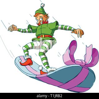 Christmas elf boy dropping from the sky riding a snowboard gift with ribbon Stock Vector