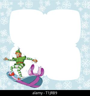 Christmas elf boy dropping from the sky riding a snowboard gift with ribbon Stock Vector