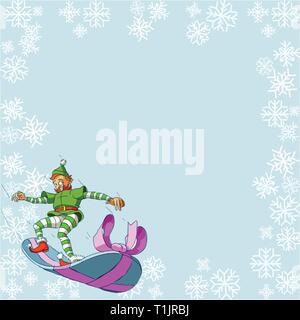 Christmas elf boy dropping from the sky riding a snowboard gift with ribbon Stock Vector