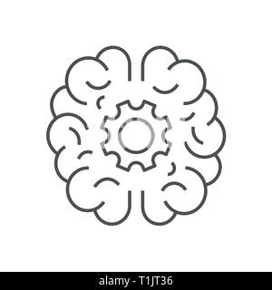 Human brain with cogwheel inside linear icon. Artificial intelligence concept. Technology progress. Thin line illustration. Contour symbol. Vector Stock Vector