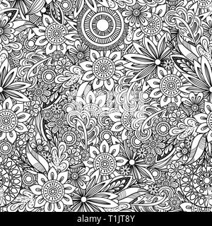 Hand drawn seamless pattern with leaves and flowers. Doodles floral ornament. Black and white decorative elements. Perfect for wallpaper, adult coloring books, web page background, surface textures. Stock Vector