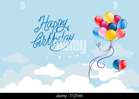Festive background with balloons on blue sky. Holiday cartoon illustration. Stock Vector