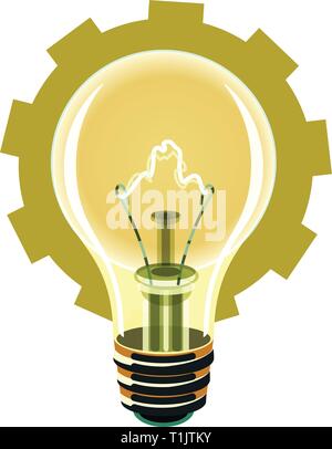 Illuminate bulbs, lights, surrounded by a cog shaped background with an electrical charge emanating in the middle between electrodes Stock Vector