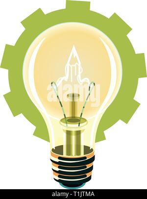 Illuminate bulbs, lights, surrounded by a cog shaped background with an electrical charge emanating in the middle between electrodes Stock Vector