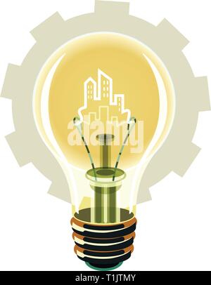 Light bulb with electric city shape surrounded by a grey cog wheel background Stock Vector