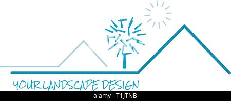 Two mountains, under a sun and spiky tree architectural design concept Stock Vector