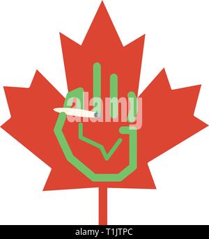 Graphic hand inside a canadian maple leaf with a maijuana joint showing that marihuana is legal there. Stock Vector