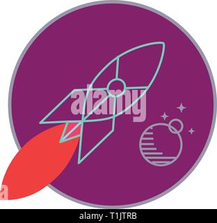 Line rocket flying past a circle with a line work planet & stars behind Stock Vector