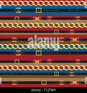 Horizontal seamless pattern with belts and chain on bright background for fabric. Trendy repeating print. Stock Vector