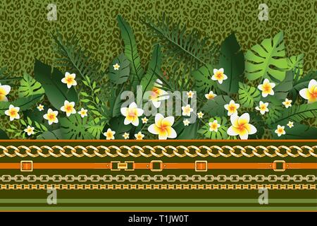 Seamless Pattern Exotic Floral Background. Tropical Flowers and Leaves on Spotted Leopard Backdrop. Greenery print Seamless Design Stock Vector