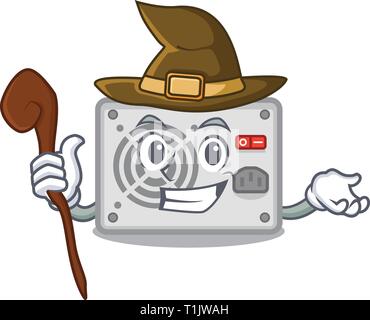 Witch mascot power supply sticks to pc vector illustration Stock Vector