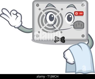 Waiter mascot power supply sticks to pc vector illustration Stock Vector
