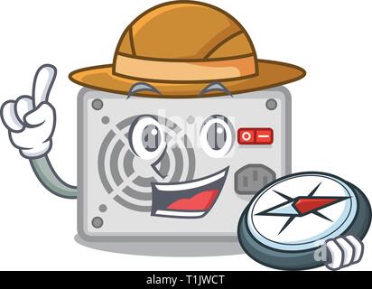 Explorer mascot power supply sticks to pc vector illustration Stock Vector