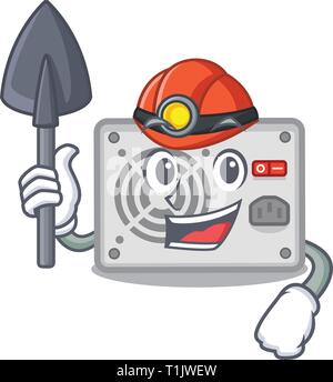 Miner mascot power supply sticks to pc vector illustration Stock Vector