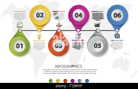 Modern 3D vector illustration. Circular infographic template with six elements and icons. Timeline designed for business, presentations, web design Stock Vector