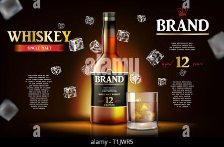 Whiskey ads label design. Realistic glass whiskey bottle with flying ice cubes on dark background. Vector 3d illustration Stock Vector