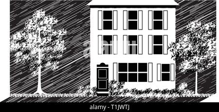 House, condominium, or apartment complex with  shuttered windows, trees and a hazy stormy background Stock Vector