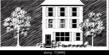 House, condominium, or apartment complex with  shuttered windows, trees and a hazy stormy background Stock Vector