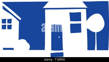 Graphic drawing of houses in a  square logo style bordered with trees and shrubs. Stock Vector