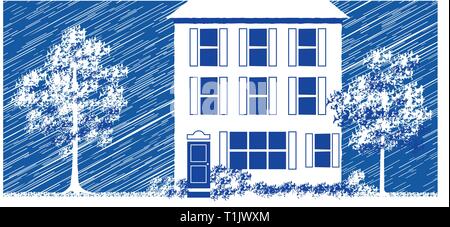House, condominium, or apartment complex with  shuttered windows, trees and a hazy stormy background Stock Vector