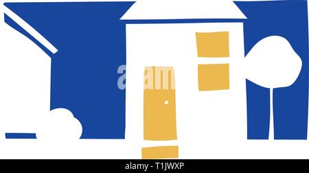 Graphic drawing of houses in a  square logo style bordered with trees and shrubs. Stock Vector