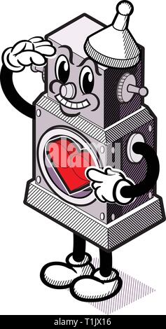 Smiling robot saluting & pointing to his heart Stock Vector