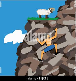 Rock climber on a rock face below a grazing mountain goat. Stock Vector