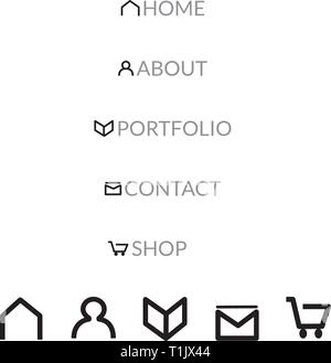 Web page icons for home, about, portfolio, contact & shop Stock Vector