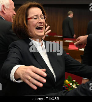 Bremen, Germany. 27th Mar, 2019. Antje Grotheer (SPD) is pleased after her election as the new and first state parliament president. The Bremen parliament has elected the SPD member of parliament to succeed Christian Weber (SPD), the long-time president of the state parliament, who died in February. Credit: Carmen Jaspersen/dpa/Alamy Live News Stock Photo