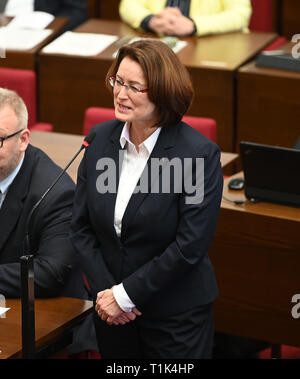 Bremen, Germany. 27th Mar, 2019. Antje Grotheer (SPD) accepts the election of the new and first state parliament president. The Bremen parliament has elected the SPD member of parliament to succeed Christian Weber (SPD), the long-time president of the state parliament, who died in February. Credit: Carmen Jaspersen/dpa/Alamy Live News Stock Photo